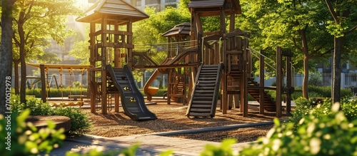 Kids playground with multifunctional elements made from wood located in city or town. Creative Banner. Copyspace image