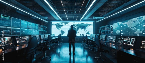 In the System Control Room Manager Holds a Briefing for His Staff Members They re Work in Data Center and are Surrounded by Multiple Screens Showing Maps Logistics Data. Creative Banner