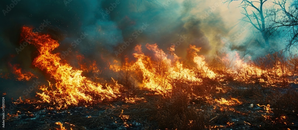 Controlled burning of vegetation in the spring. Creative Banner. Copyspace image