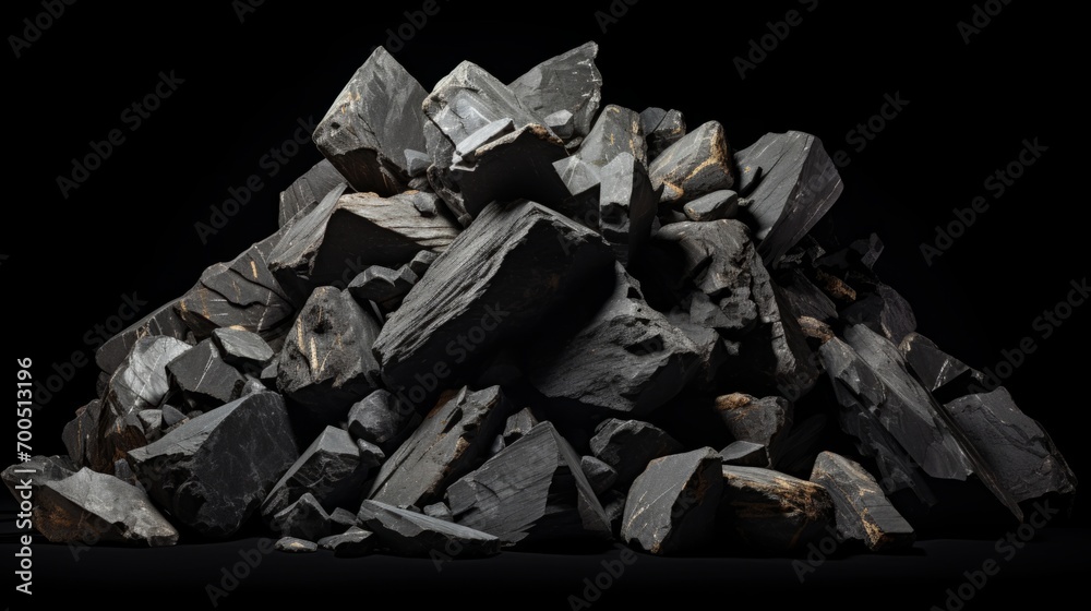 A pile of black stones on a black background. Rocks piled up