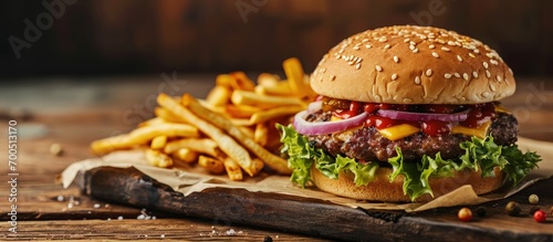 closeup of traditional cheeseburger or hamburger and french fries. Creative Banner. Copyspace image photo