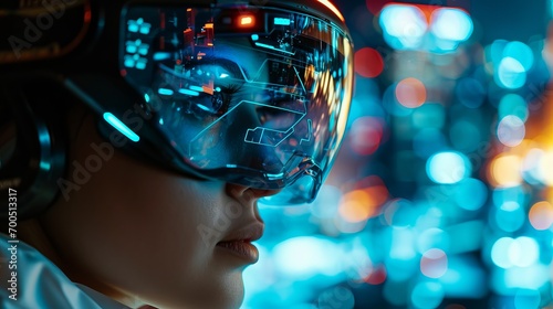 Wallpaper Mural Futuristic Woman Wearing Advanced Virtual Reality Headset Amidst Neon Lights in Urban Setting Torontodigital.ca