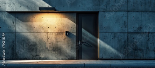 A grid wall texture and door on the exterior of a modern building with a flourescent light fixture visible through the holes in the facade. Creative Banner. Copyspace image