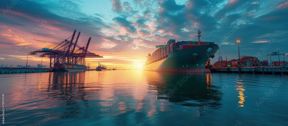 Container ship at industrial port in import export global business worldwide logistic and transportation Container ship unloading freight shipping Container cargo industry vessel boat freight