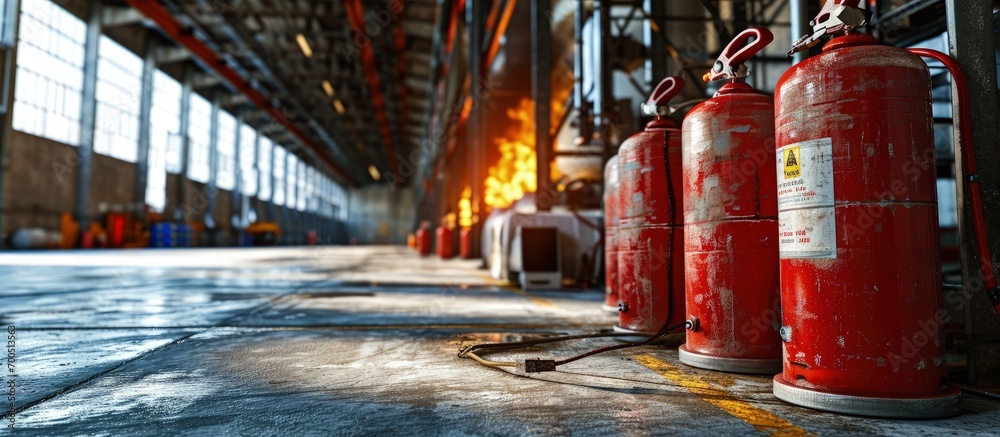 Geen fire extinguishers in the warehouse. Creative Banner. Copyspace image Geen fire extinguishers in the warehouse. Creative Banner. Copyspace image