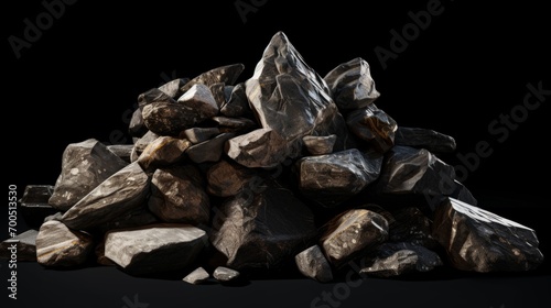 A pile of black stones on a black background. Rocks piled up