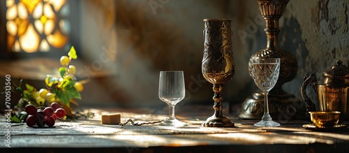 goblet with wine blood of christ and pyx with host body of christ ready on the altar of holy mass. Creative Banner. Copyspace image