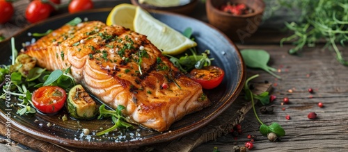 Grilled salmon fillet with vegetables mix. Creative Banner. Copyspace image