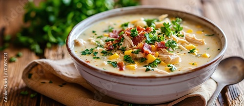 Chicken Corn Chowder rich and creamy soup with shredded chicken breast potatoes sweet corn topped with fried crispy bacon and fresh parsley in white bowl on wooden table. Creative Banner