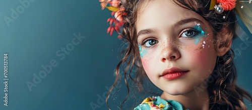 Beautiful little girl in costume and make up Gothic fashion culture concert Children s Christmas New Year Emotional colorful children s show in the elementary school. Creative Banner. Copyspace image