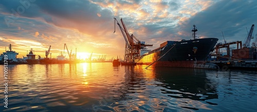 Container ship berthing port with crane un loading. Creative Banner. Copyspace image photo