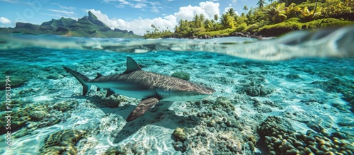 A Blacktip reef shark Carcarhinus melanopterus swims in shallow waters excited by food in the water near a French Polynesian island. Creative Banner. Copyspace image photo