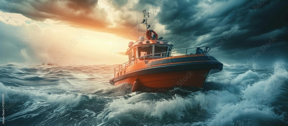 incredible view of a pilot boat in the storm. Creative Banner. Copyspace image - obrazy, fototapety, plakaty 