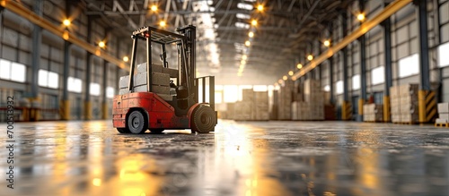 Interior of warehouse dock load cargo electric forklift pallet jack with large shipment goods pallet. Creative Banner. Copyspace image photo