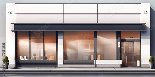 2D Futuristic Front Facade of shop with glass window and copyspace 