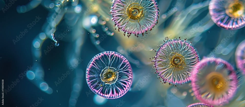 A marine phytoplankton with pink chlorophyll Protoperidinium sp Live cell 40x objective lens Stacked image. Creative Banner. Copyspace image A marine phytoplankton with pink chlorophyll Protoperidinium sp Live cell 40x objective lens Stacked image. Creative Banner. Copyspace image