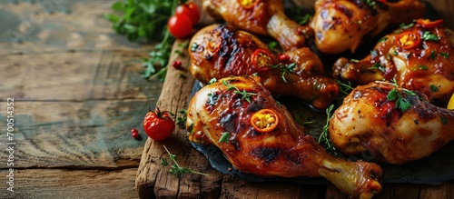 Grilled Glaze chicken legs style rustic selective focus. Creative Banner. Copyspace image