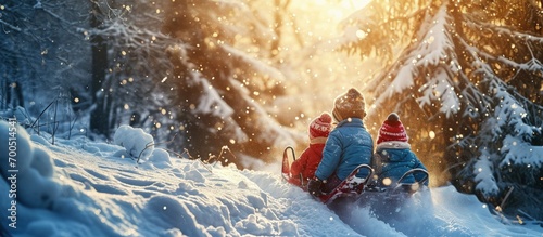Active healthy grandparents and their happy grandchildren toddler girl and teenage boy wearing colorful snowsuits enjoying a sledge ride in beautiful snowy forest on sunny winter day. Creative Banner