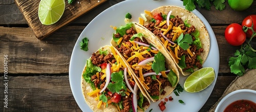 Ground Beef Tacos with shredded cheddar cheese fresh lettuce tomato onion on a white plate with lime wedges horizontal view from above mexican cuisine flat lay free space. Creative Banner photo
