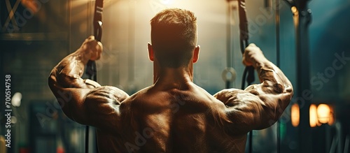 Bodyweight workout Athletic pulling up showing back muscle at gym Muscular man exercise pull up on bar in fitness gym. Creative Banner. Copyspace image