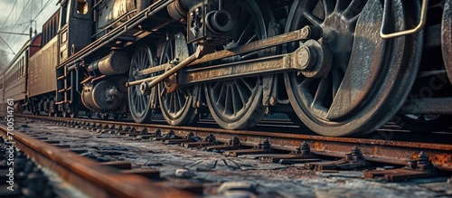 A closeup view of the wheels of a train car undercarriage passenger train freight train. Creative Banner. Copyspace image photo