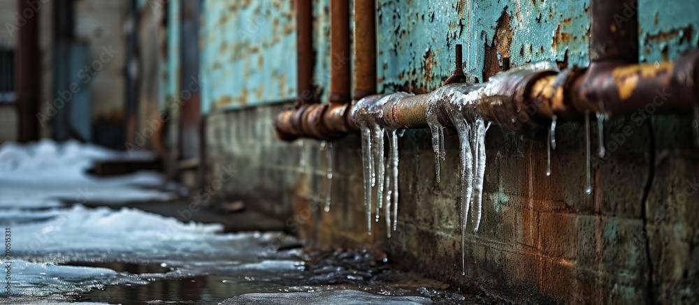 Close up of factory pipes covered with a sharp icicles ice stalactite hanging from pipe Poor thermal insulation leads to the formation of icicles. Creative Banner. Copyspace image Close up of factory pipes covered with a sharp icicles ice stalactite hanging from pipe Poor thermal insulation leads to the formation of icicles. Creative Banner. Copyspace image