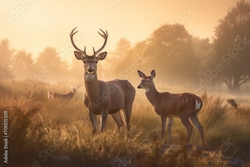 deer with antlers and small bambi fawn at sunset in meadow near forest. AI generated. © Serhii