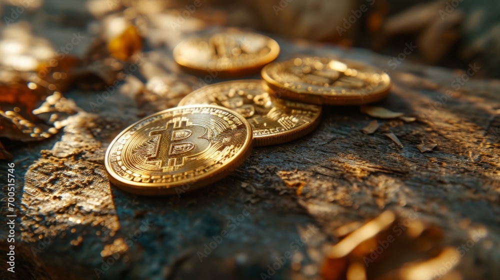 Bitcoins on Rough Texture.
Multiple Bitcoin coins scattered on a textured stone surface bathed in warm light. Bitcoins on Rough Texture.
Multiple Bitcoin coins scattered on a textured stone surface bathed in warm light.