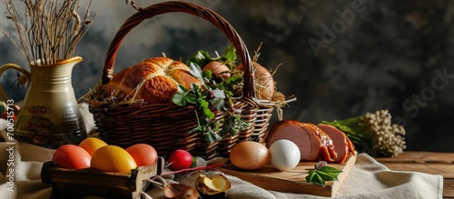 Basket with Easter food smoked ham in sweet bread potica traditional walnut roll home painted eggs an egg in bread roll in a shape of nest and horse radish on white tablecloth in Easter basket