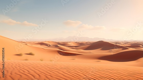 Desert panorama with sand dunes and blue sky. 3d rendering