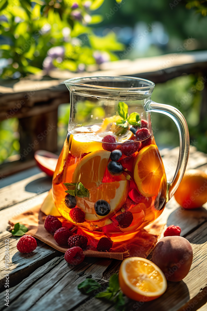 Fruity sangria in a pitcher, summer picnic theme, copy space Fruity sangria in a pitcher, summer picnic theme, copy space