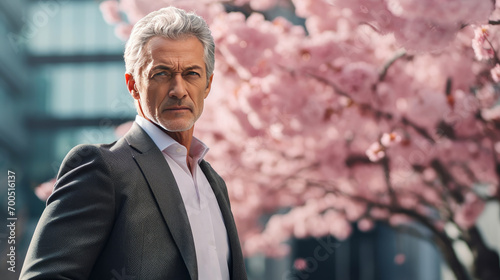 Modern happy young smiling elderly business man with gray hair against the background of pink cherry blossoms and metropolis city.