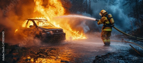 Burning car Fireman water spray by high pressure nozzle in fire fighting operation Fire and Firefighter training school. Creative Banner. Copyspace image