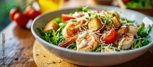 Italian caesar salad with shrimp croutons and parmesan selective focus. Creative Banner. Copyspace image