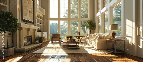 Beautiful living room interior with hardwood floors huge bank of windows tall vaulted ceiling and fireplace in new luxury home. Creative Banner. Copyspace image © HN Works