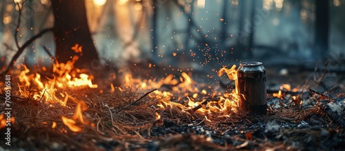 Abandoned beer can and alcohol bottle on the forest fire Dry grass burns ash. Creative Banner. Copyspace image