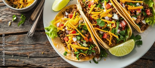 Ground Beef Tacos with shredded cheddar cheese fresh lettuce tomato onion on a white plate with lime wedges horizontal view from above mexican cuisine flat lay free space. Creative Banner