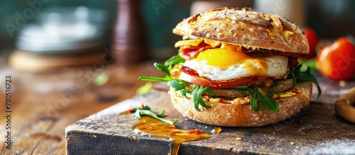 Close up of a egg bacon and cheese sandwich on a sesame seed bagel. Creative Banner. Copyspace image