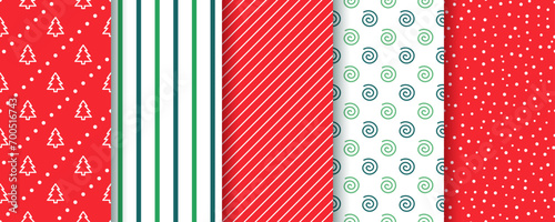 Christmas seamless background. Holiday patterns. Endless texture with stripes, trees, spirals and snow. Red green Xmas design. Festive print for wrapping paper. Vector Illustration