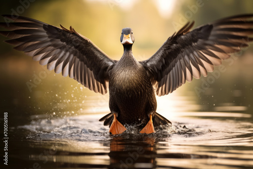 Pato en el rio con las alas abiertas. photo