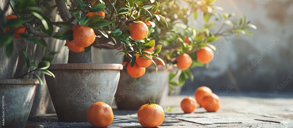 Grapefruit trees with ripe fruits in large flowerpots. Creative Banner. Copyspace image - obrazy, fototapety, plakaty 