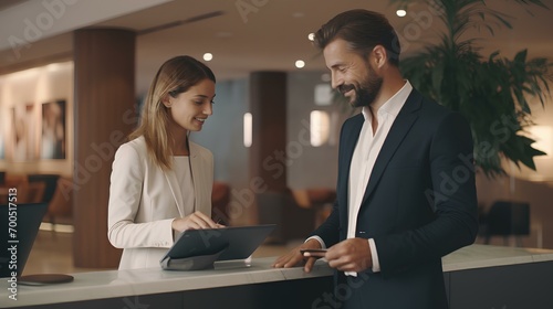 a happy businessman and woman worker using a digital tablet by the reception desk. generative AI photo