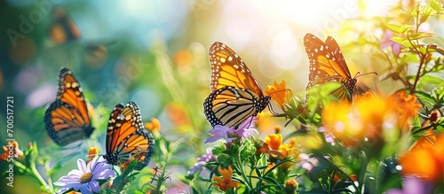 Colorful beautiful butterflies are floating on the light red and white flowers of green trees it looks very beautiful green nature around open sky shining sun around. Creative Banner. Copyspace image © HN Works
