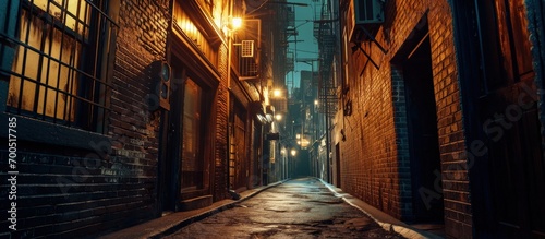 Dark empty scary urban city street alley with vintage buildings at night. Creative Banner. Copyspace image photo