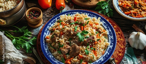 Cookers are cutting meat from plov pilaf for serving Tashkent Uzbekistan The signature dish of Uzbekistan cooked with rice meat carrots and onions Pilaf is a traditional food at Central Asia