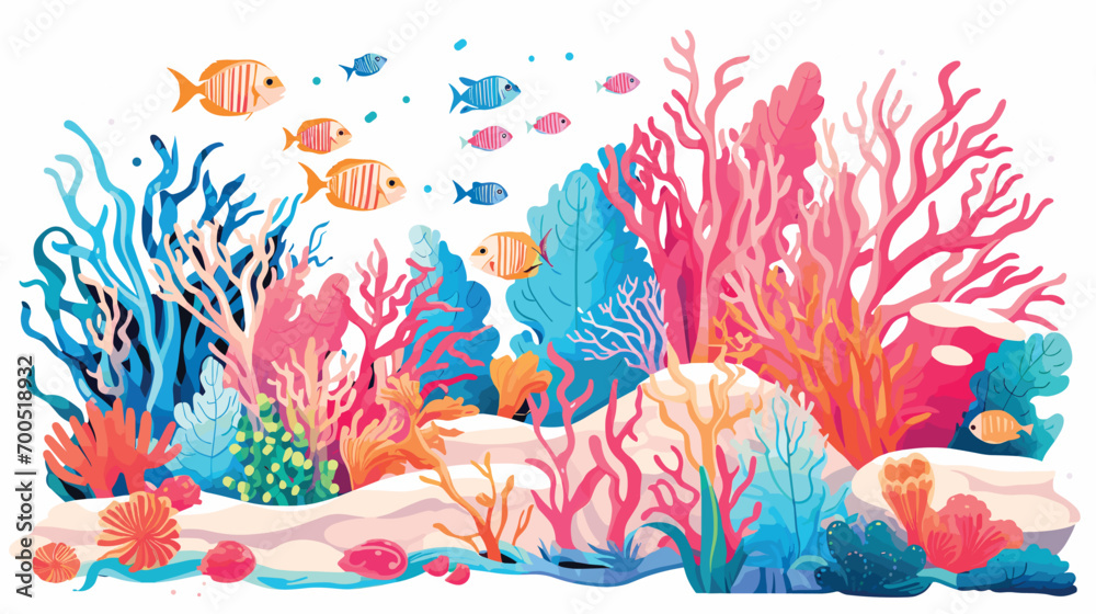 biodiversity of a coral reef in a vector art piece showcasing the vibrant colors and intricate shapes of coral formations, along with a diversity of marine life.  - obrazy, fototapety, plakaty 