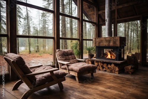 Cozy Hygge Home Interior. Two Recliner Chairs by Fireplace in Modern Living Room of Country House