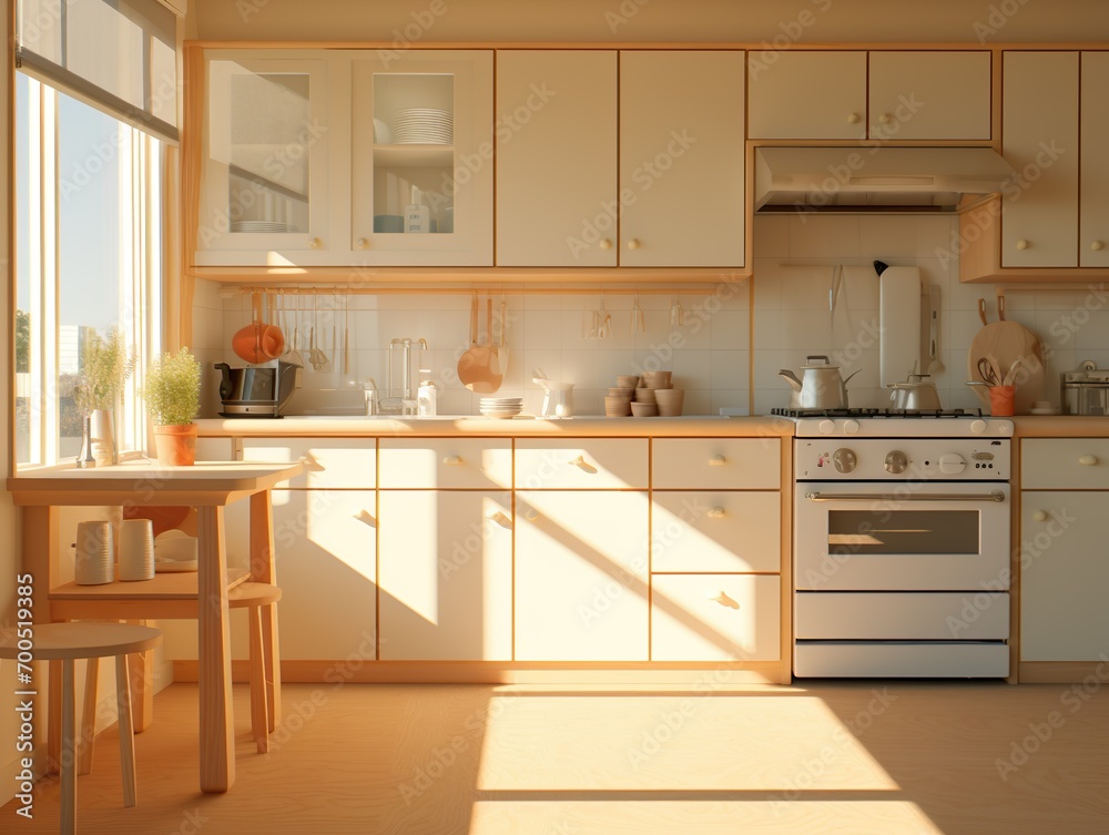 A Cozy Kitchen Bathed in Summer Sunlight adorned with White, Birch, and Coral Tones