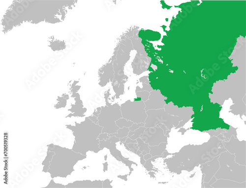 Green CMYK national map of THE RUSSIAN FEDERATION (European part) inside detailed gray blank political map of European continent with lakes on transparent background using Mercator projection