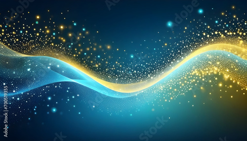 Digital light blue and light Yellow particles wavy and light abstract background with shining dots stars. ai